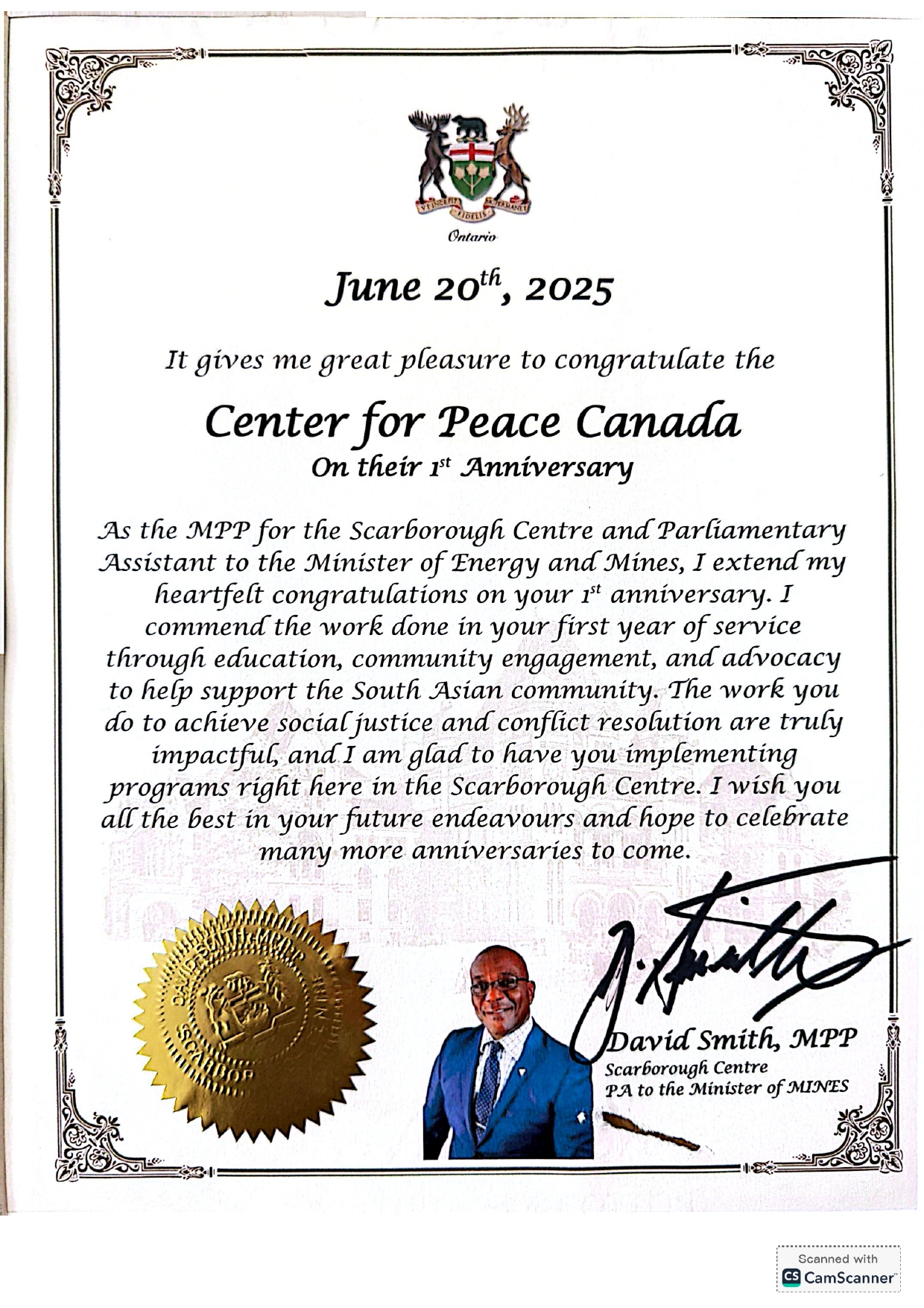 MPP David Smith Certificate