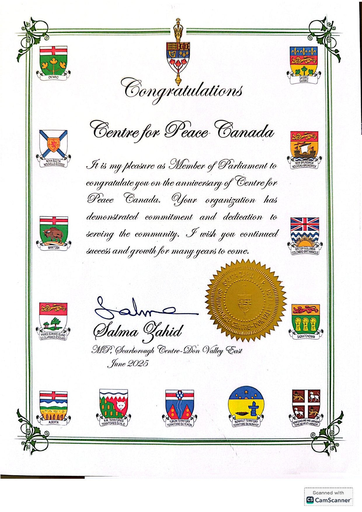 Salma MP Certificate